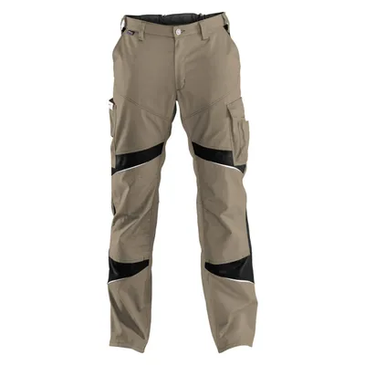 A pair of tan cargo pants with black accents and reflective trim, shown against a white background.