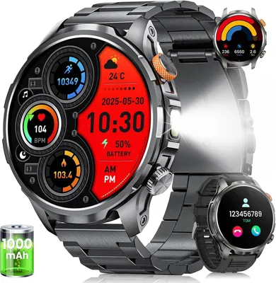 Produktbild von BANLVS Herren Smartwatch Militär 1.91" AMOLED Display 1000 mAh Akku Bluetooth Anrufe 5ATM wasserdicht 110 Sportmodi Herzfrequenz & Schlaftrackin