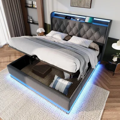 Produktbild von Polsterbett 140x200 cm Grau Leinen mit Stauraum, 360° LED-Beleuchtung und USB Typ-C, Bettgestell für Schlafzimmer