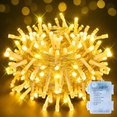 Immagine prodotto di Catena luminosa per campeggio, 15 metri, 150 LED - Alimentazione a batterie - Impermeabile - Luce bianco caldo - Ideale per Natale