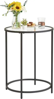 Produktbild von Unyqoos® Runder Beistelltisch – gehärtetes Glas & Metallrahmen, 2 Stahlringe, 4 verstellbare Füße, ideal für Wohnzimmer & Büro