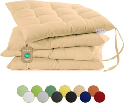 Produktbild von Lavea® Sitzkissen 40x40 cm, 4er Set, Sand - mit Stoffbändern, Outdoor & Indoor, waschbare Stuhlkissen für Garten, Balkon, Terrasse & Esszimmer