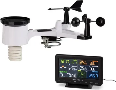 Produktbild von Waldbeck Huygens - 6-in-1 Profi-Wetterstation , 6 Messungen auf einen Blick , Wetterwarnungen , Live-Wetterdaten , punktgenaue Angaben , LED , WiFi , mit App-Steuerung und Farbdisplay , schwarz-weiß