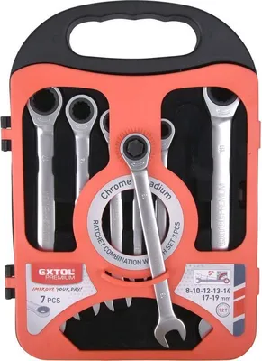 Produktbild von EXTOL 8816100 Klucze z grzechotką, grzechotka, 45 zębów, Cr-V, zestaw 7-częściowy, 8-19 mm