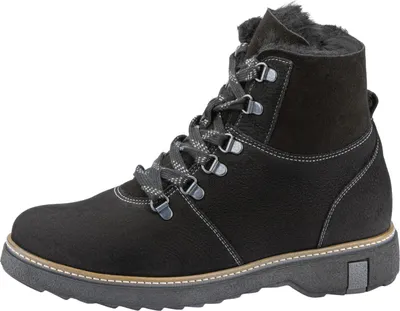 A black leather boot with laces and fur lining on a white background.
