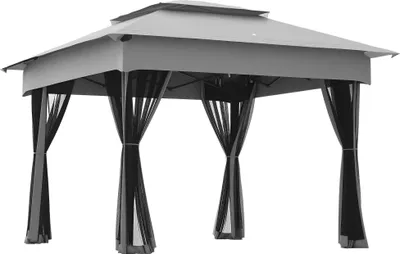Image de Outsunny Tonnelle de jardin exterieur Pop-up barum Pliant, 3 x 3 m, MšŠtal Polyester, impermšŠabilisšŠ Anti UV, moustiquaires + Sac de Transport, gris