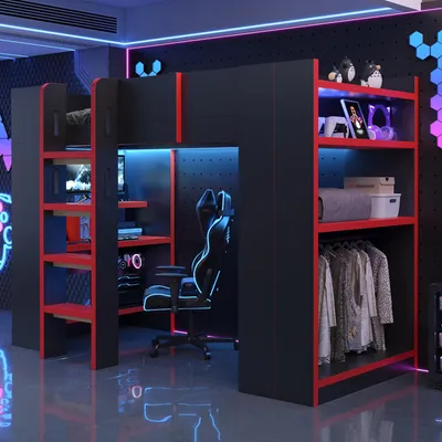 Produktbild von Merax Hochbett Etagenbett 90×200 cm mit Schreibtisch, Kinderbett mit Computerhalterung und Regal, Kleiderstange, Steckdosen, LED & Leiter, Schwarz