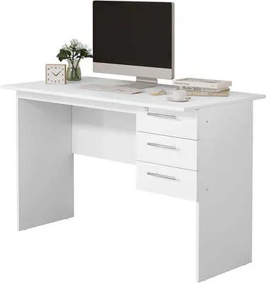 Produktbild von Schreibtisch mit 3 Schubladen und Schloss aus Holz Weiß | 120x60x75cm