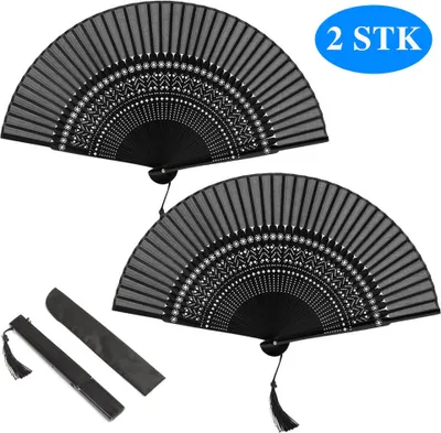 Produktbild von 2STK Handfächer Japanischer Faltfächer Klappfächer Vintage Stil Damen Herren Bambus Folding Fans Fächer für Wanddekoration Hochzeit Geschenk Muttertag Party Kostüm - Schwarze Schneeflocke Hohl