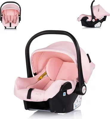 Three views of a pink baby car seat against a white background.