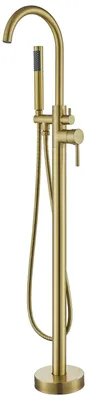 Produktbild von Badewannenarmatur - Freistehende Standarmatur - Bodenmontage - Handbrause - Warm- und Kaltwasser - Zweigriffmischer - Keramikkartusche - Messing und Edelstahl - Gebürstetes Gold