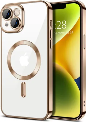 Obrázek produktu pro Magnetické čiré pouzdro pro iPhone 14 Plus, kompatibilní s MagSafe, galvanicky pokovené ochranné pouzdro s ochranou fotoaparátu Hnědý