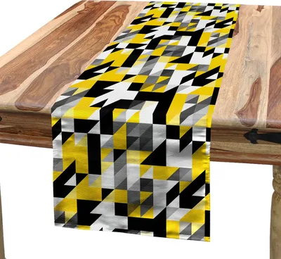 Produktbild von ABAKUHAUS Gelb und Weiß Tischläufer, Geometrisches Design mit Dreiecken und Houndstooh Inspiration, 40 x 225 cm, Gelb Grau Schwarz