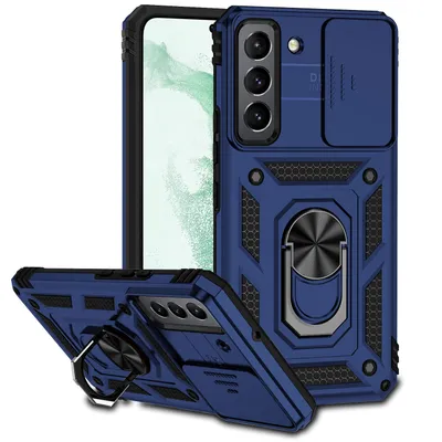 Immagine prodotto di Custodia per Samsung Galaxy S22 5G a doppio strato con copertura scorrevole della fotocamera e supporto ad anello blu