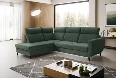Produktbild von Ecksofa TORRO L (262 x 205 cm) – LINKE SEITE, moderne verstellbare Kopfstützen, Bettkasten, Schlaffunktion, CRUZ 37 - Flaschengrün
