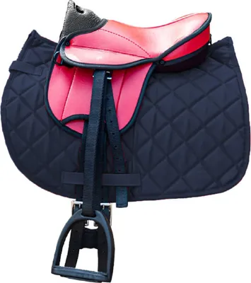 A close-up studio shot of a child's saddle set.