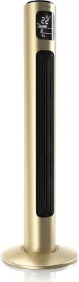 A gold tower fan shown from the front.