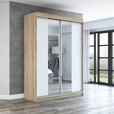 Produktbild von Schwebetürenschrank, 2-türig Schrank mit Spiegel! Moderne Garderobe für Kleidung. Verschiedene Farben (Weiß, Schwarz, Somona) Kleiderschrank NEO 160  cm