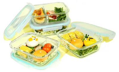 Obrázek produktu pro Skleněná obědová krabička, design zabraňující úniku, vhodná do mikrovlnné trouby, sada 4 kusů