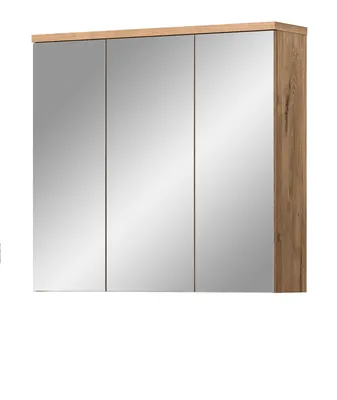 A three-door mirrored cabinet with a wood-effect frame.