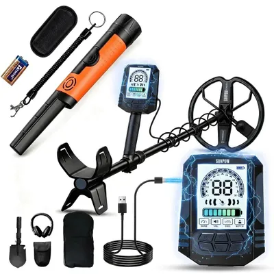 Immagine prodotto di Metalldetettore professionale per la ricerca di metalli nel sottosuolo - Kit ricaricabile con batteria da 2500 mAh - Bobina impermeabile IP68 - 4 modalità - Autonomia di 35 ore - Profondità di rilevamento di 25 cm - Bobina DD da 28 cm