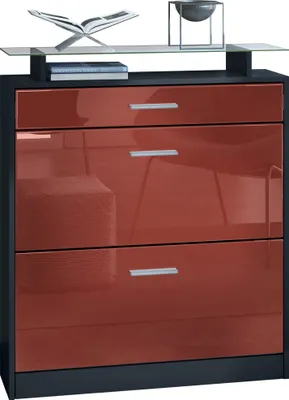 Produktbild von Vladon Schuhschrank Loret, Schuhkipper für 16 Paar Schuhe mit 2 Klappen und 1 Schublade und Glasablage, Schwarz matt/Bordeaux Hochglanz (89 x 104 x 23 cm)