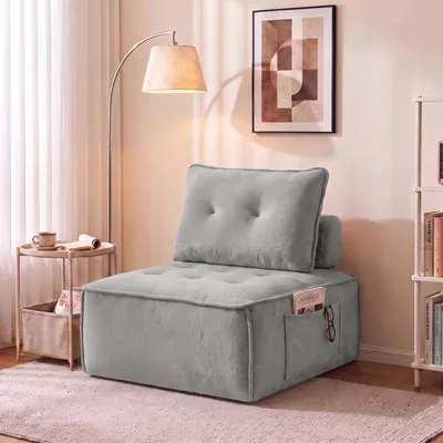 Produktbild von Bouclé Modulsofa mit Tiefsitz, Bodensessel mit Seitentasche für Wohnzimmer und Apartment