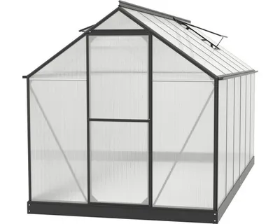A greenhouse with a dark gray frame and clear polycarbonate panels, shown against a white background.