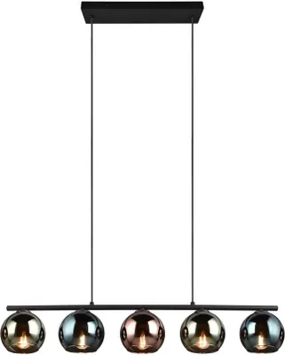A modern pendant light with five glass globes hanging from a black bar.