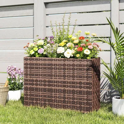 Produktbild von Pflanzkasten Blumenkasten wetterfest, Hochbeet PE-Rattan verstellbare Füße, PE-Rattan Stahl, Braun | bis 50 kg | 45 L | 81x28x58 cm