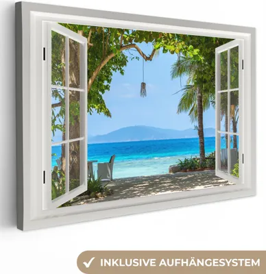 Produktbild von Leinwand Bilder 120x80 cm - Fensterblick - Baum - Meer - Palme - Hügel - Strand, Bilder, Wanddeko, Wandbilder Wohnzimmer