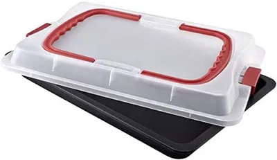 Zdjęcie produktu dla Pojemnik do pieczenia z pokrywką - forma do pieczenia ciast i innych wypieków - do pieczenia i przechowywania - powłoka nieprzywierająca - 42 x 29 cm - srebrny