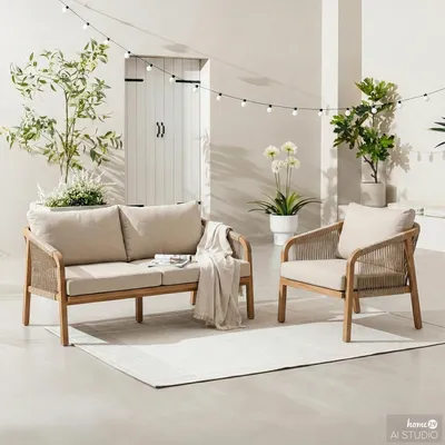 Produktbild von home24 Loungegruppe - 2-teilig - Akazie Massiv / Polyester - Akazie Braun / Beige