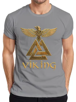 Immagine prodotto di T-shirt grigio taglia XL, con stampa del simbolo Valknut, del corvo, di Odino, ispirato alla mitologia nordica, con immagini di guerrieri e riferimenti a Valhalla