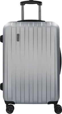 A silver-grey hard-shell suitcase with a telescopic handle and wheels, presented against a white background.