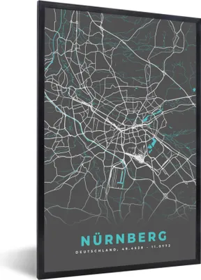 Produktbild von MuchoWow® Gerahmtes Poster Stadtplan - Deutschland - Blau - Nürnberg - Karte 60x90 cm - Poster mit Schwarzem Bilderrahmen Wandposter Rahmen Foto Bilder - Kunst