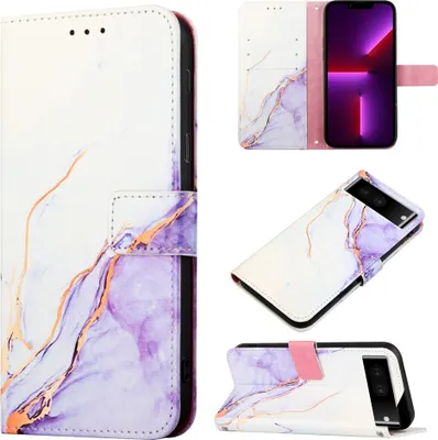 Image de Étui Google Pixel 7 Pro, étui en cuirPolyuréthaneavec motif marbré, pochettes pour cartes, étui sur pied pour Google Pixel 7 Pro Blanc Violet
