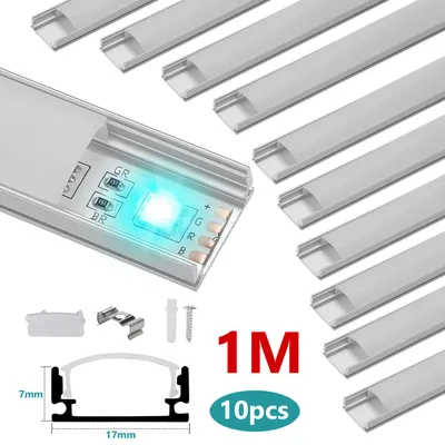 Zdjęcie produktu dla Profil aluminiowy LED ISOISL 10X, 1 metr, wymiary 17x7 mm, profil U, listwa LED, profil aluminiowy, szyna montażowa, kanał dla taśm LED z osłoną, kolor srebrny, zestaw 10 metrów