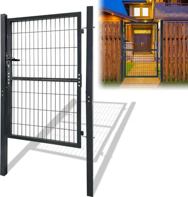 A black metal garden gate is shown in the foreground, with a smaller inset image showing the gate installed in a fence leading to a house entrance.