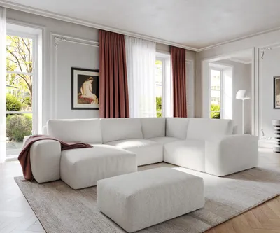 Produktbild von DELIFE Wohnlandschaft Lanzo 300x210 cm Bouclé Creme-Weiß Recamiere variabel mit Hocker