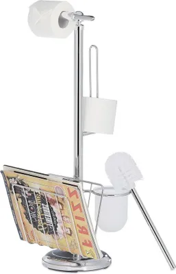 Obrázok produktu pre Držiak na toaletný papier s podstavcom a držiakom na noviny – 69 x 30 x 22 cm, strieborný