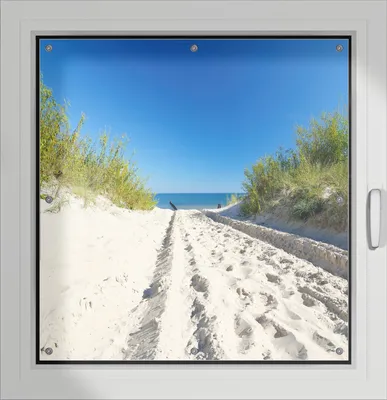 Produktbild von Wallario Lichtschutzbild, Dekorativer Sichtschutz Sonnenschutz 96 x 93 cm mit Motiv: Auf dem Sandweg zum Strand - Blauer Himmel über dem Meer - Verdunklung ohne Bohren