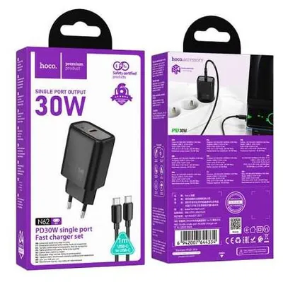 Immagine prodotto di Hoco N62 Caricatore Da Muro USB-C 30W PD QC Con Cavo USB-C Incluso Nero