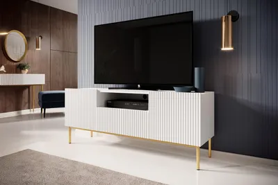 Zdjęcie produktu dla SZAFKA KOMODA PÓŁKA RTV biała STOJĄCA do salonu 150 cm LAMELE GLAMOUR ZŁOTY