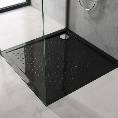 Produktbild von doporro Duschtasse Duschwanne 90x90x4 flach aus Acryl Schwarz mit Anti-Rutsch Profil und DIN-Anschlüssen für bodenebene Montage geeignet Lucia01
