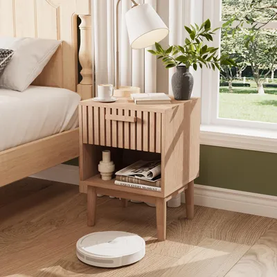 Image de Table De Chevet En Bois 2 Pièces,avec Tiroirs,poignées En Bois Et Pieds En Bois Massif