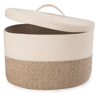 Obrázek produktu pro Koš na prádlo s víkem, objem 32 litrů, pletený z bavlněné šňůry, hnědý, rozměry 40 x 25 cm, skládací