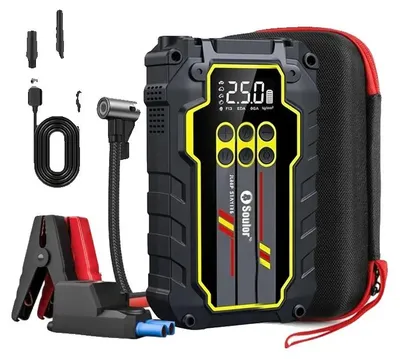 Zdjęcie produktu dla Urządzenie do rozruchu samochodu, pojemność 10 000 mAh, kompresor powietrza 150 PSI, zestaw „wszystko w jednym”