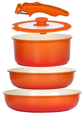 Image de Ensemble de 5 pièces de batterie de cuisine avec poignées amovibles, revêtement antiadhésif en céramique, compatible avec les plaques à induction
