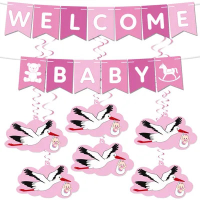 Produktbild von BRUBAKER Welcome Baby Girlande für Jungen und Mädchen - Wimpelkette mit Storch - Deko Set für Zuhause, Babyparty, Babyzimmer Dekoration, Rosa